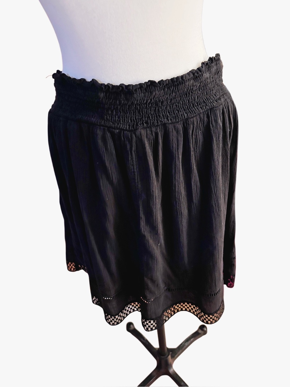 Faded Glory Black Smocked Boho Skirt L 12-14 Cotton Eyelet Hem